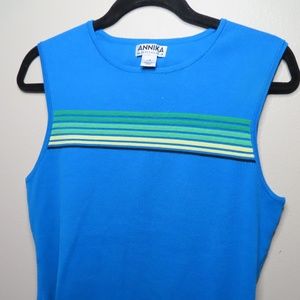 Blue top with green, yellow and dark blue strips